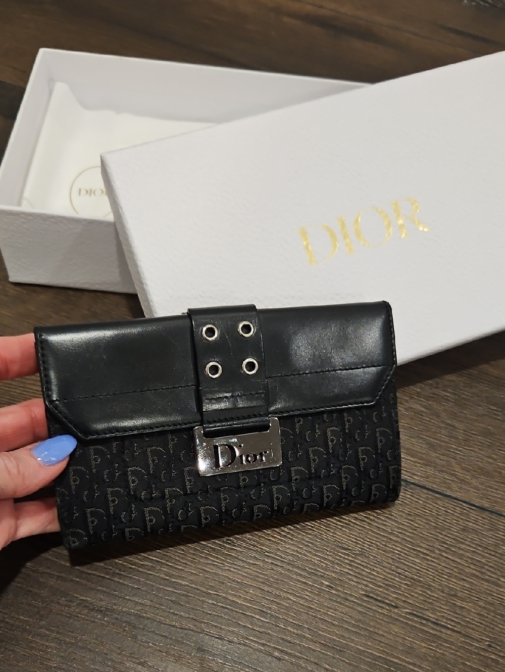 Christian Dior Logo Plate Oblique Trotter Canvas Leather Bifold Wallet + CD Box